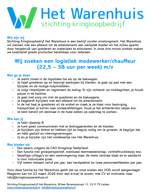 Vacature logistiek medewerker en chauffeur 2026 02